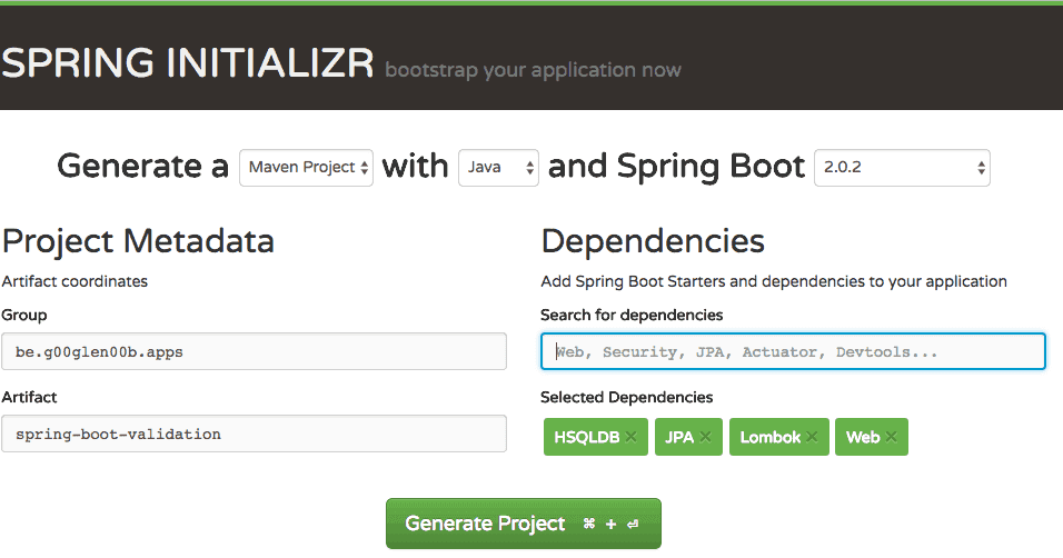 Screenshot of Spring Initializr